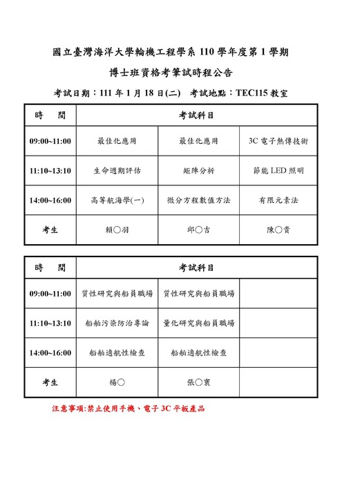 110學年度第1學期博士班資格考筆試時程公告